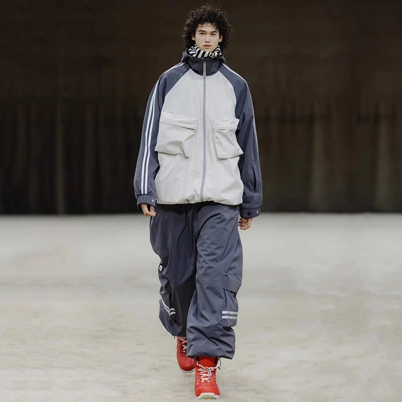 スノーボードウェア20242025上下セットレディースメンズ防水20000ジャケットアウターパンツストライプグレー3Lスノボースキーウェアスノボウェア韓国風防水防風
