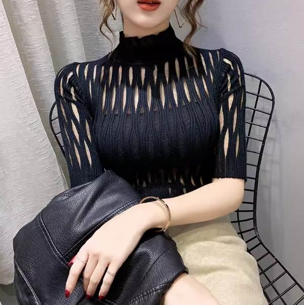 ニット トップス プルオーバー シャツ 半袖 タートルネック タイト レディース フリルレース 透け感 かわいい 大人可愛い きれいめ 上品 こなれ感 シンプル カジュアル 主役級 存在感 個性的 セ