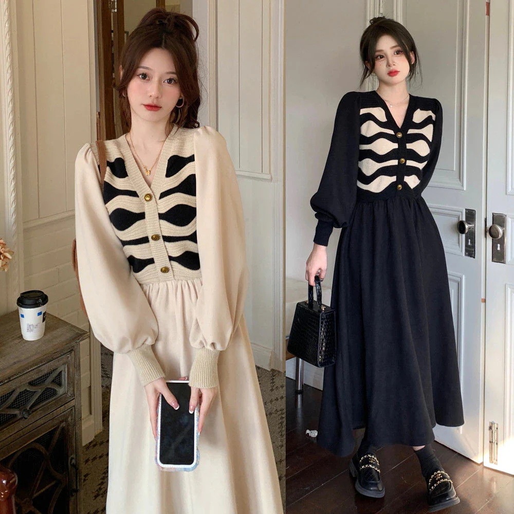 韓国ファッション 秋服 フェイクレイヤード 大きいサイズ ニット ワンピース 長袖 コーデュロイ ロング ワンピース