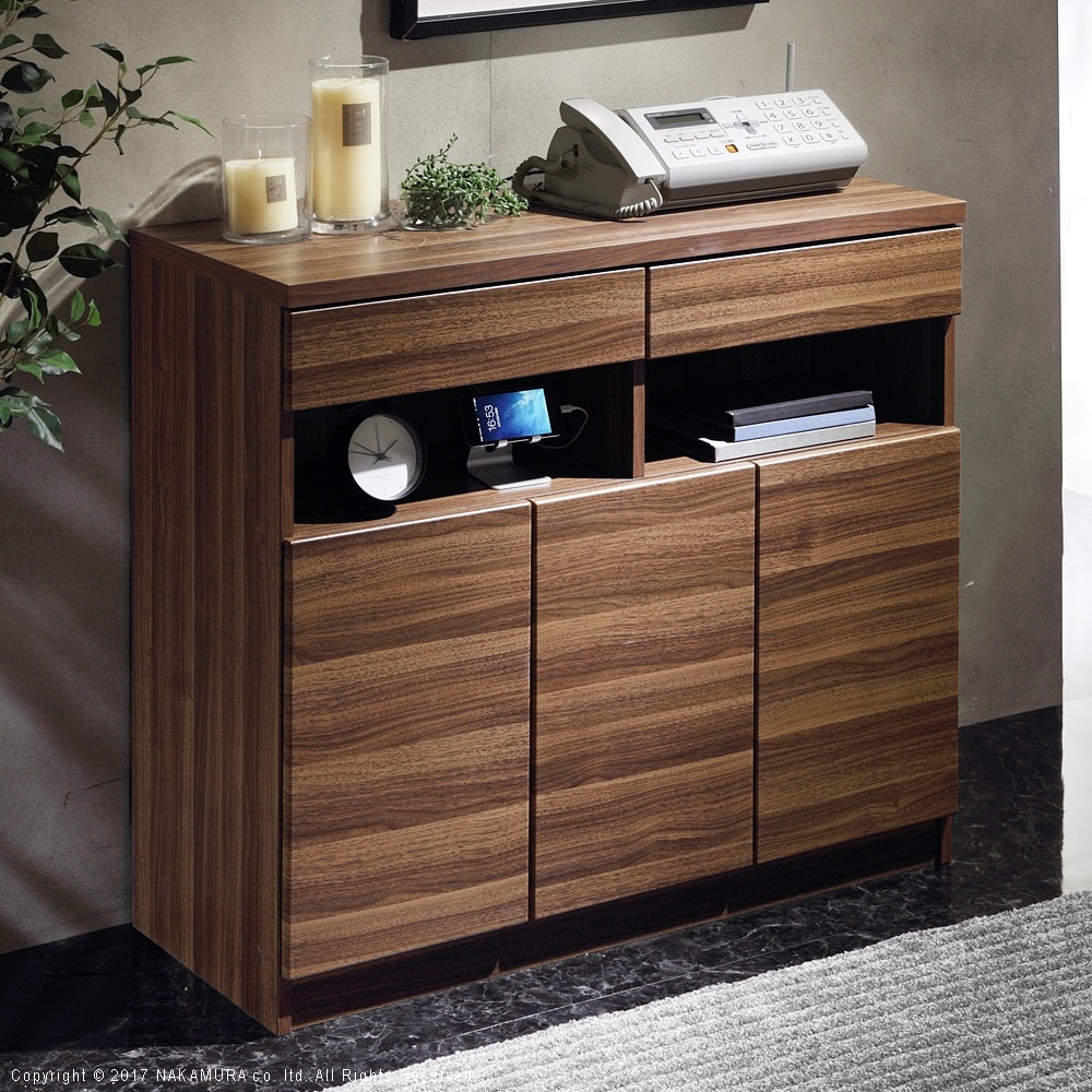 キャビネット 扉付きラック 北欧 木目柄 おしゃれ ウォールナット サイドボード 木製 薄型 スリム ブラウン 幅90cm