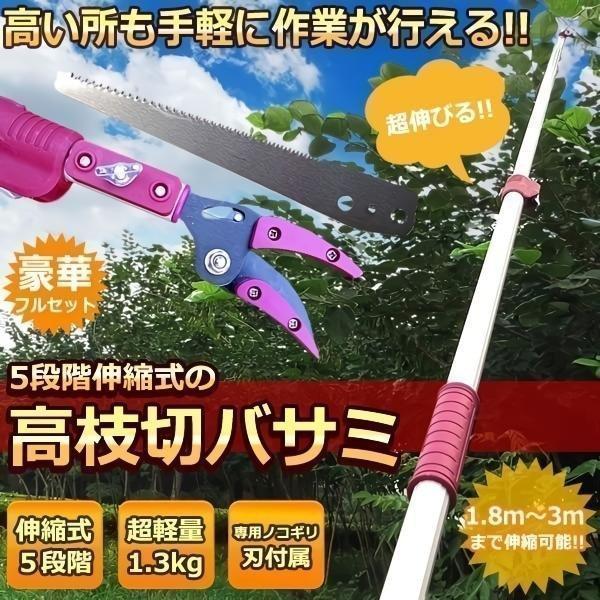 即納あり 高枝切バサミ 5段階伸縮式 専用ノコギリ刃 超軽量 剪定 果実 採取 高枝切鋏 ガーデニング 庭 枝切り TAKAEDA