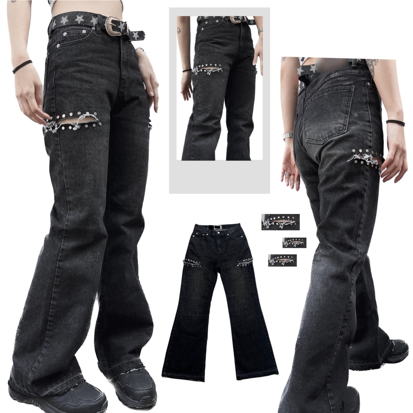 Cut out stud black bootcut denim pants (1color) / カットアウト スタッド ブラック ブーツカット デニム パンツ スリット ユニーク Y2K ビンテー