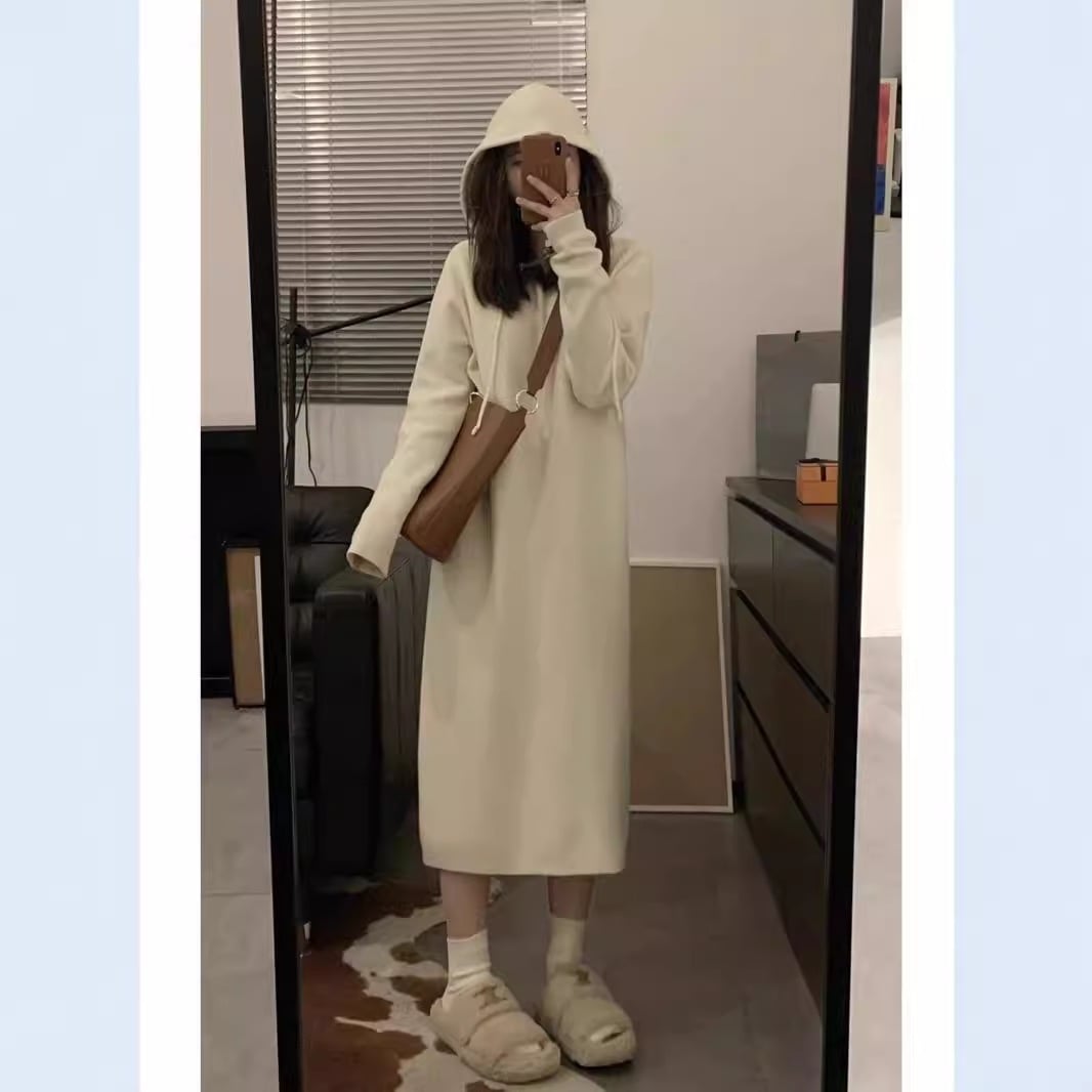 【1つ買うと10つ無料】韓国の怠な風フード付きニットニットドレス2025秋と冬のファッション変動ルーズスカートスカート