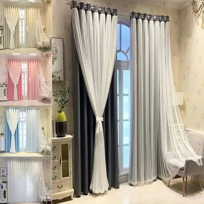 6色 断熱 レースカーテン 韓国ファッション 遮光 省エネ無地 遮光カーテン+レース２枚組 UVカット防音351 選べる福袋