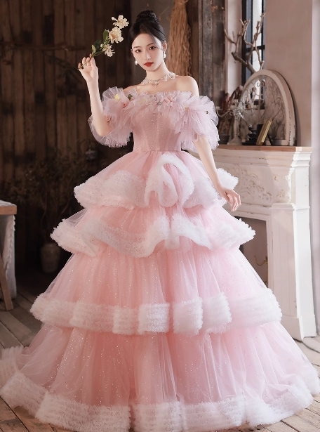 カラードレス ピンク キラキラグリッターチュール レイヤードドレス オフショルダー プリンセスライン