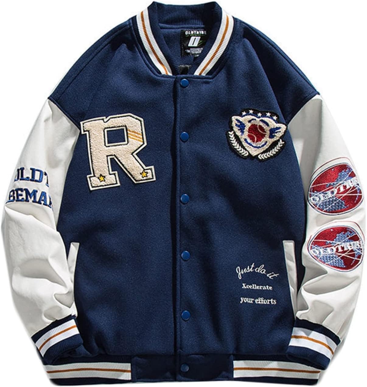 スタジャン メンズ パッチワーク PU革袖 ジャケット ジャンパー 刺繍 アメカジ ヒップホップ 立ち襟 防寒 防風 春秋冬 スタジアムジャンパー おしゃれ 大きいサイズ 野球ジャケット 紺色 デイリ