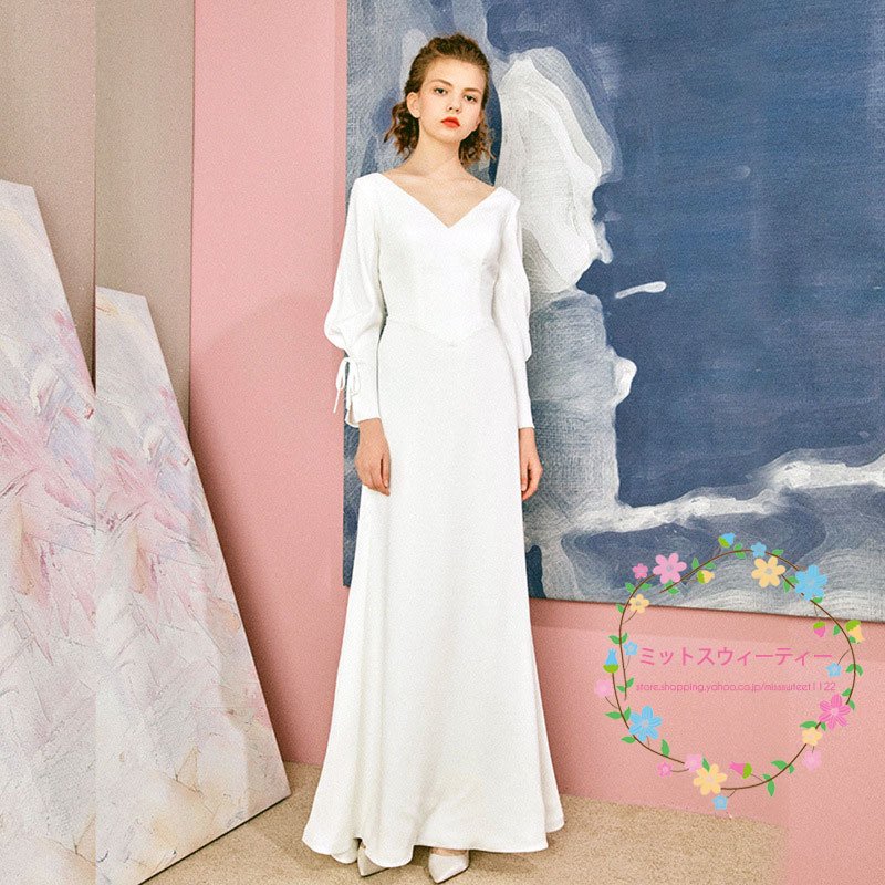 長袖 リボン 背中開き ウェディングドレス ロングドレス バックレス 前撮り 後撮り 披露宴 結婚