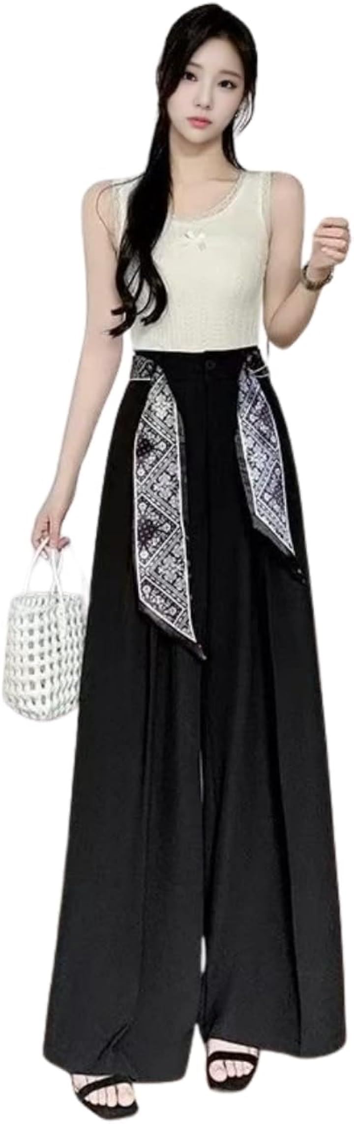 ブルーベリル ワイドシルエットパンツ レディース スカーフベルト付き ハイウエスト ドレープ スタイリッシュ 無地 デイリー BB089-BK-2XL(ブラック, 2XL)