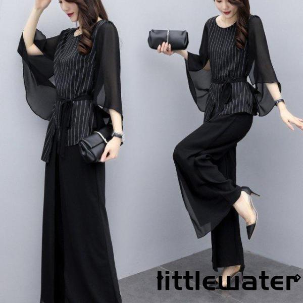 かっこいいパンツドレス 袖あり セパレート 黒 パーティードレス 結婚式 お呼ばれ ドレス 20代 30代 40代 50代 セットアップ 大きいサイズ ウエストマーク