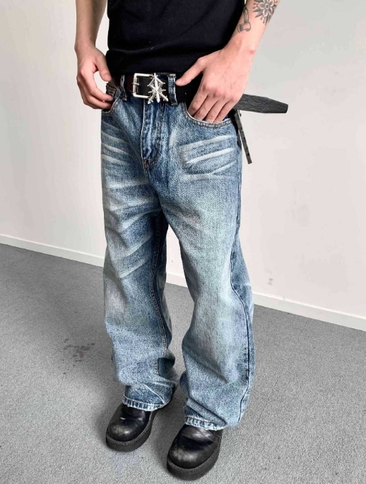 メンズ カウキングシリーズ サマーウォッシュ 立体シルエット ナチュラル キャットウィスカー ドレープ ディストレスト カーブドジーンズ420