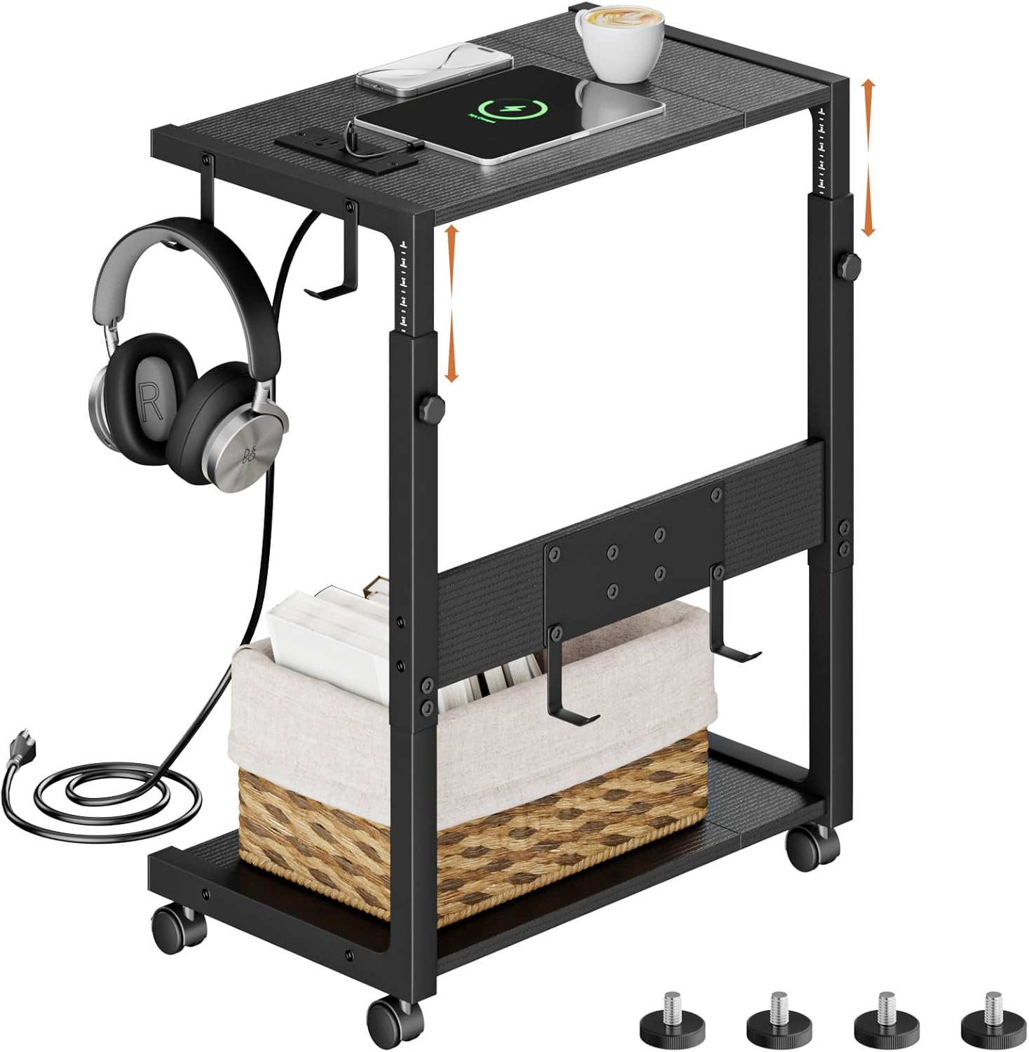 サイドテーブル cpuスタンドキャスター付き コンセント付き高さ調整pcワゴン 多機能パソコンラック 幅49cm×奥行30cm×高さ59-72cm 木製 ブラック 4,673円