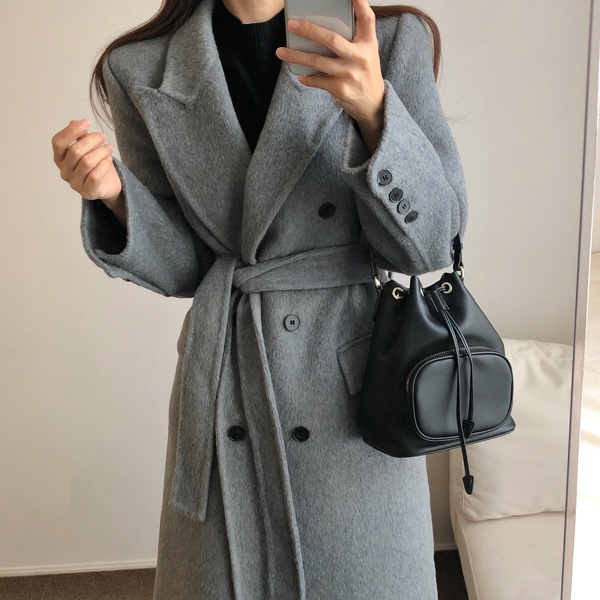 韓国ファッション ツーボタン ストラップ カシミヤ ウール ハンドメイド ロングコート 13,915円