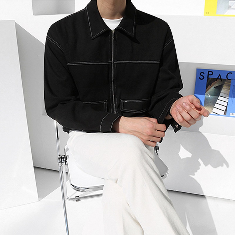ワークウェアジャケットメンズの春と秋の韓国語バージョンの緩いトレンドの黒ラペルカジュアルジャケットメンズトップス