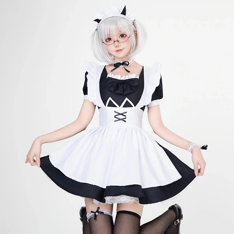 白黒二次元猫メイド衣装ソフトガールロリータドレス可愛い女の子アニメコスプレ