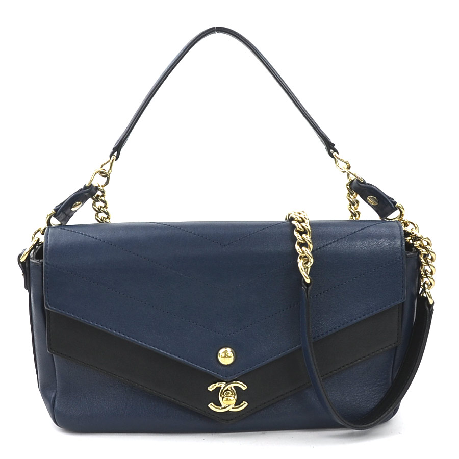 シャネル CHANEL ハンドバッグ ショルダーバッグ Vステッチ レザー ネイビー/ブラック ゴールド レディース e60036a