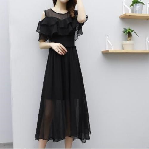 1524.オフショルダーシフォンドレス（ブラック） 2019 春夏 sale 女子会 結婚式 披露宴 二次会 パーティー お呼ばれ