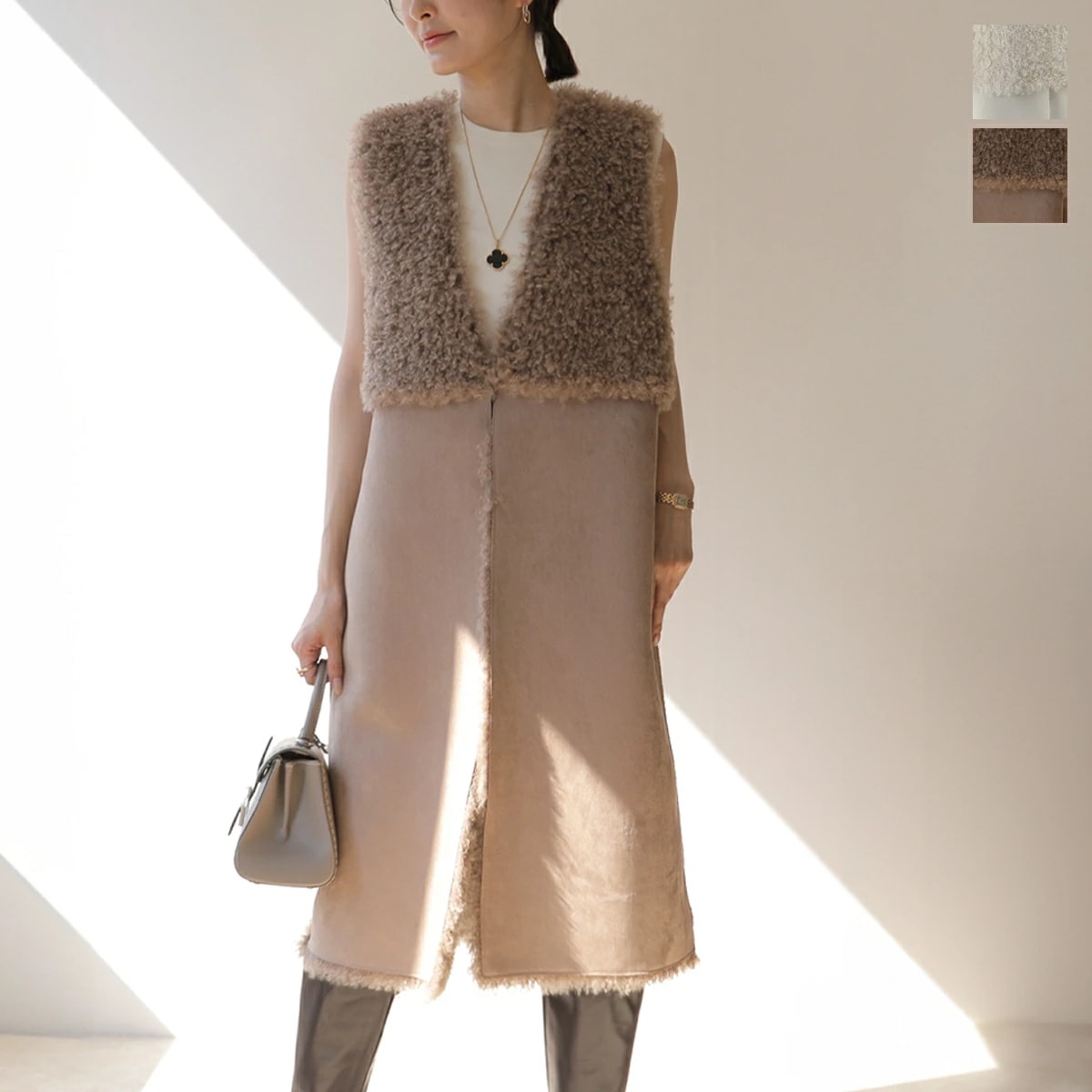 MONiLE モニーレ ファーベスト 040203 レディース リバーシブル エコファー フェイクムートン ジレ ロング丈 カラー2色