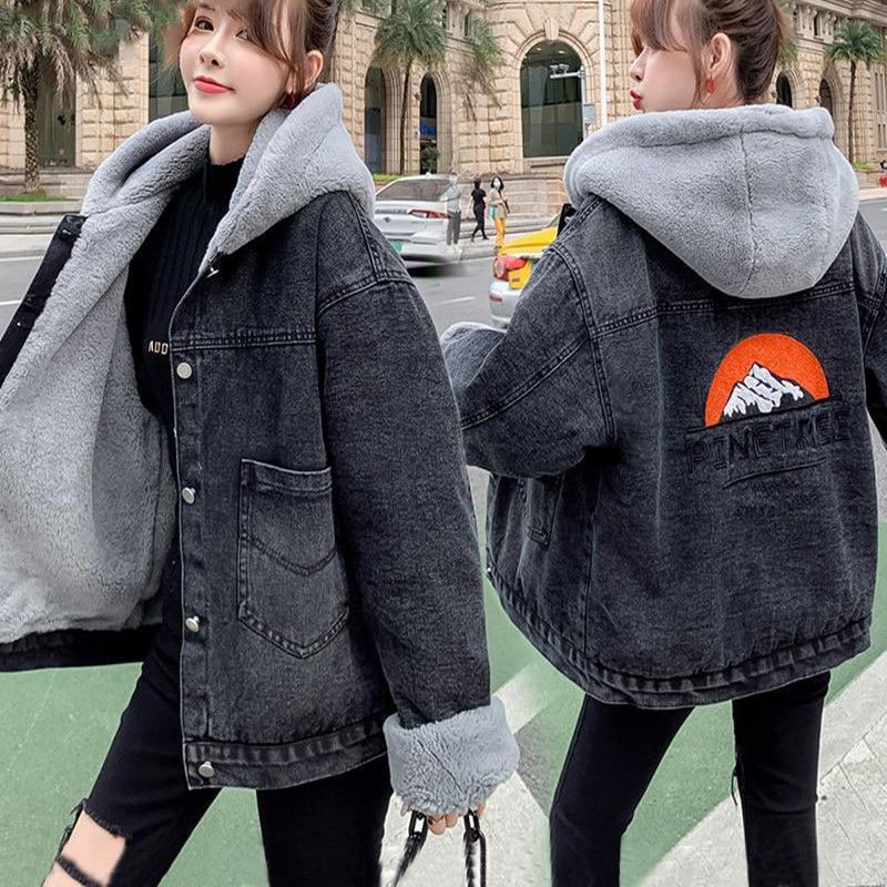 裏起毛 デニムアウター ラムズウール 厚手 秋冬 フード付き 大きい袋 アウター 中綿コート 防寒 韓国ファッション