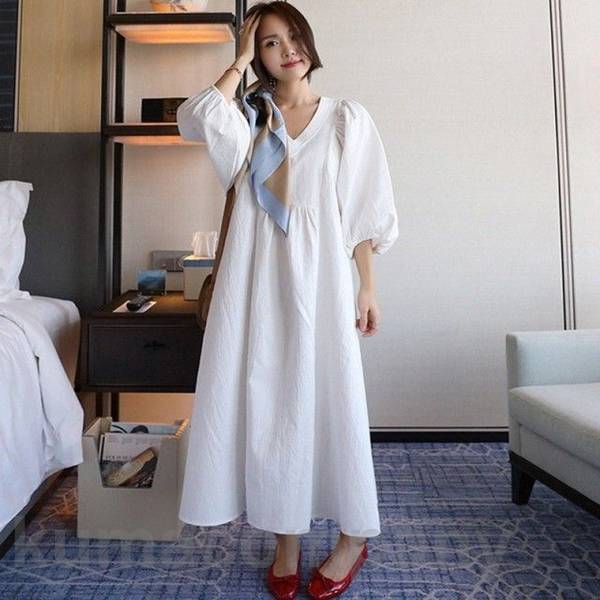 シャツワンピース ワンピース ロング マキシ丈 春 夏 半袖 白 Vネック 大きいサイズ ボリューム袖 五分袖 パフスリーブ バルーンスリーブ フレア 韓国 ファッション シンプル 無地 大人可愛い