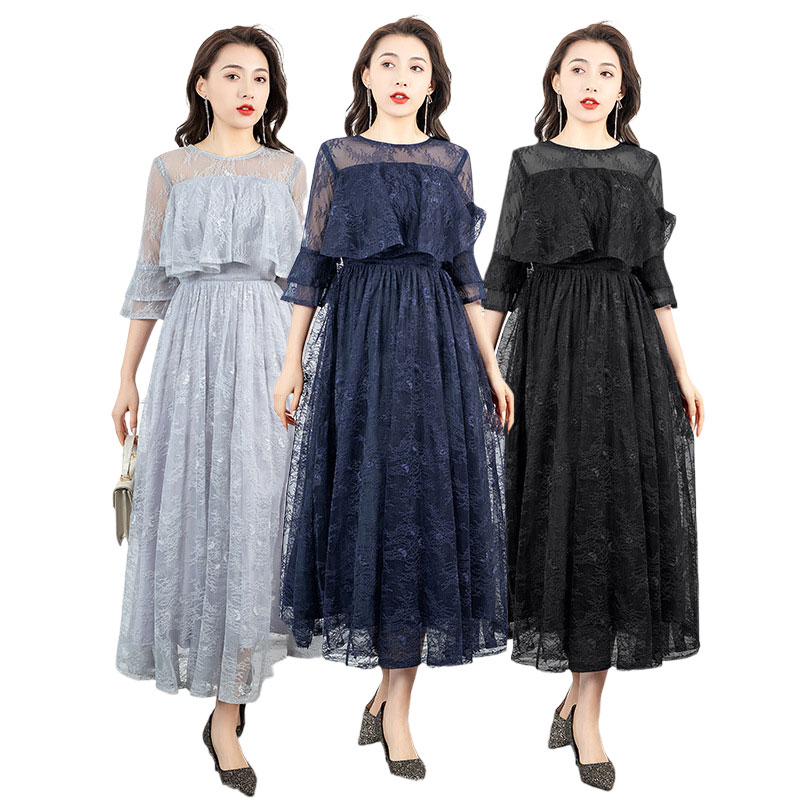 刺繍花柄ドレスパーティーレディースデザイン総レースロングワンピース可愛い同窓会卒業式パーティドレス