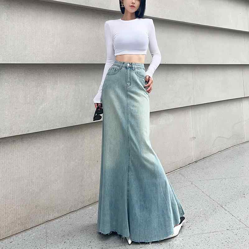 デニムスカート マーメイド ロング フレア レディース フィッシュ テール 夏 レトロ ウォッシュ ミッドハイウエスト アンクル丈 ブルー