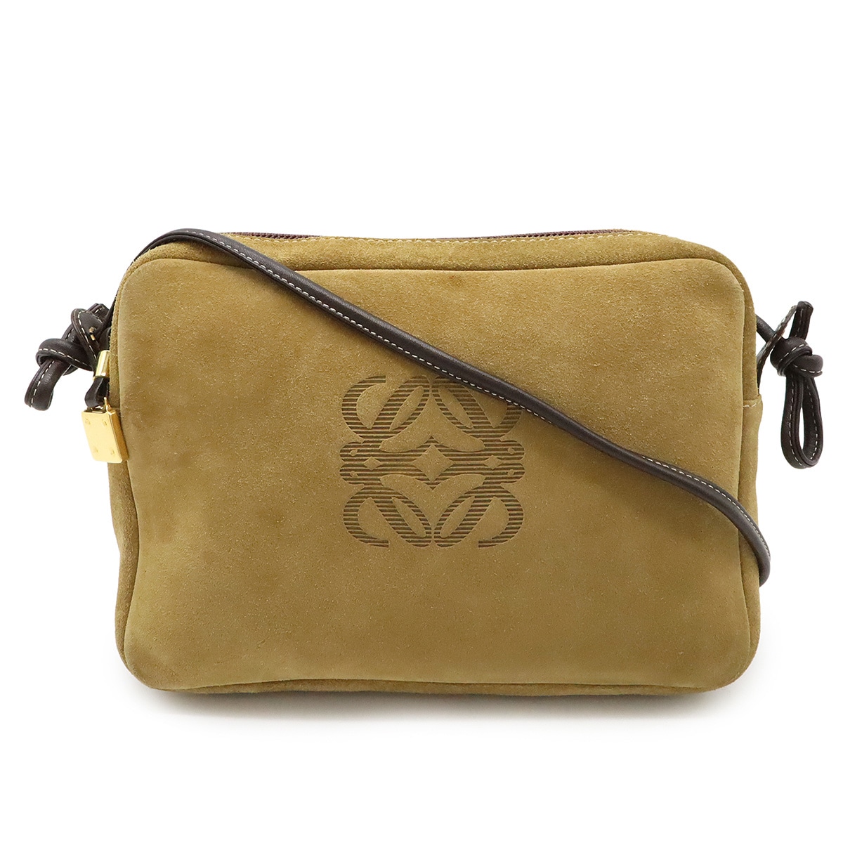 ヴィンテージ アナグラム ショルダーバッグ ポシェット 斜め掛け スエード レザー ライトカーキ系 ダークブラウン ゴールド金