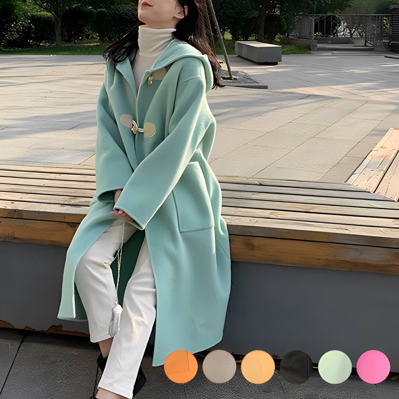 全６色レディース ホーンボタンコート/カシミヤフード付きウールコート/ショールマントコート/ヘボン風/ミドル丈/ダッフルコートトップス プルオーバー コート ミディアム ウール ミドル丈 長袖 フード