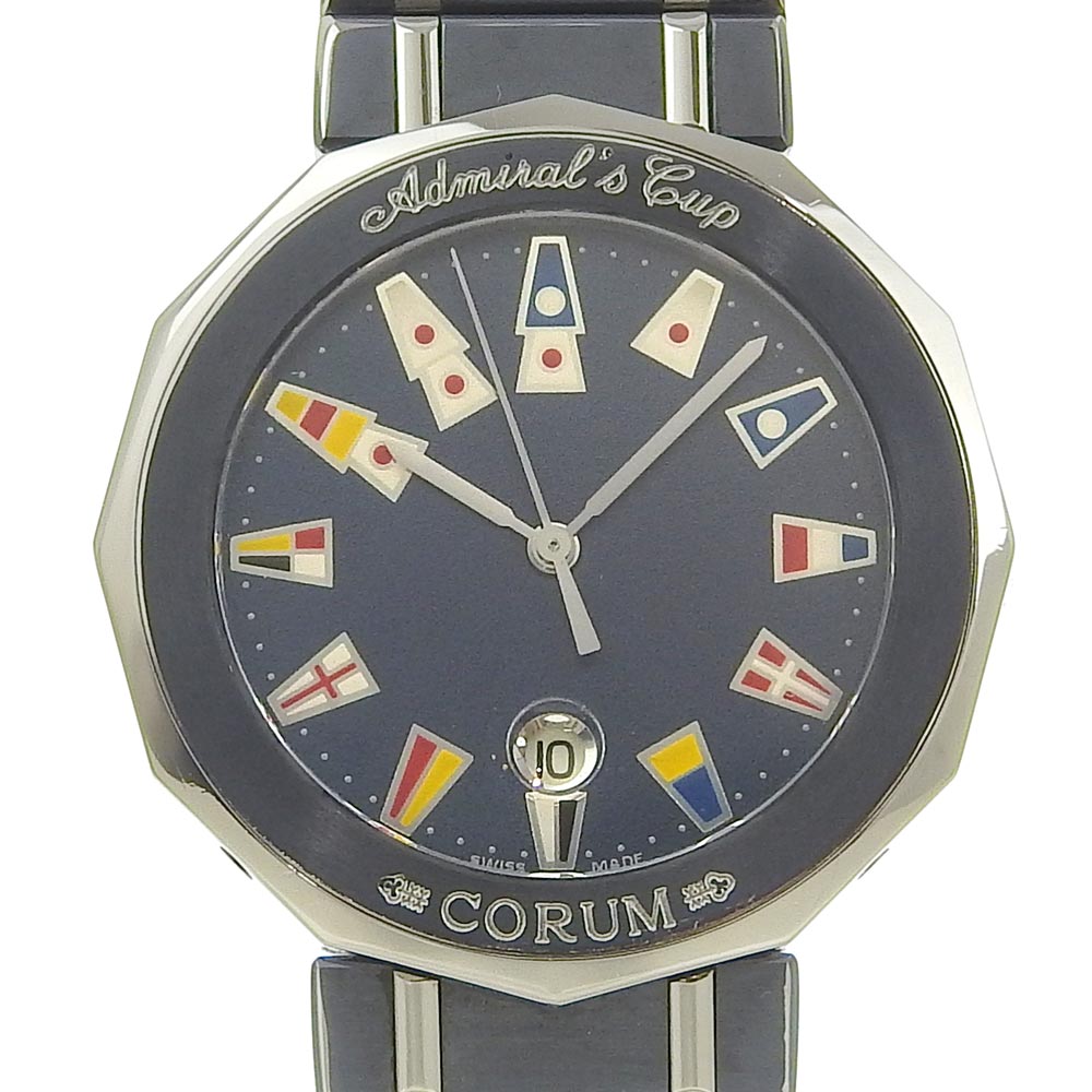 安い ガンブルー 腕時計 V050 99.710.30 アドミラルズカップ コルム CORUM クオーツ A-ランク 中古品 ネイビー文字盤 レディース アナログ表示 その他 ブランド腕時計
