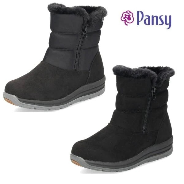 PANSY パンジー レディース ブーツ ショート 生活防水 PF3154 サイドジップ 厚底 幅広 4E 軽量 防滑 防寒 ブラック 黒 スエード