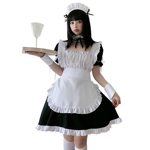 910コスプレ コスチューム メイド服 エプロン クラシカル シンプル チョーカー リボン 胸元 ミニ丈 セパレート パフスリーブ ブラック SMLXL GRAXIA グラシア