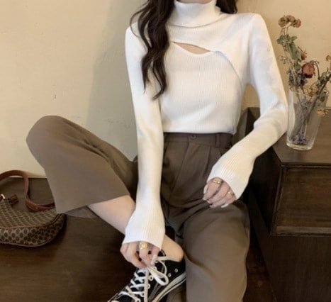 変形デザインニット ハイネック ニット 萌え袖 大きいサイズ XL 2XL 3XL 4XL 可愛い きれいめ シンプル カジュアル 上品 おしゃれ かっこいい レトロ アジアン 可愛い