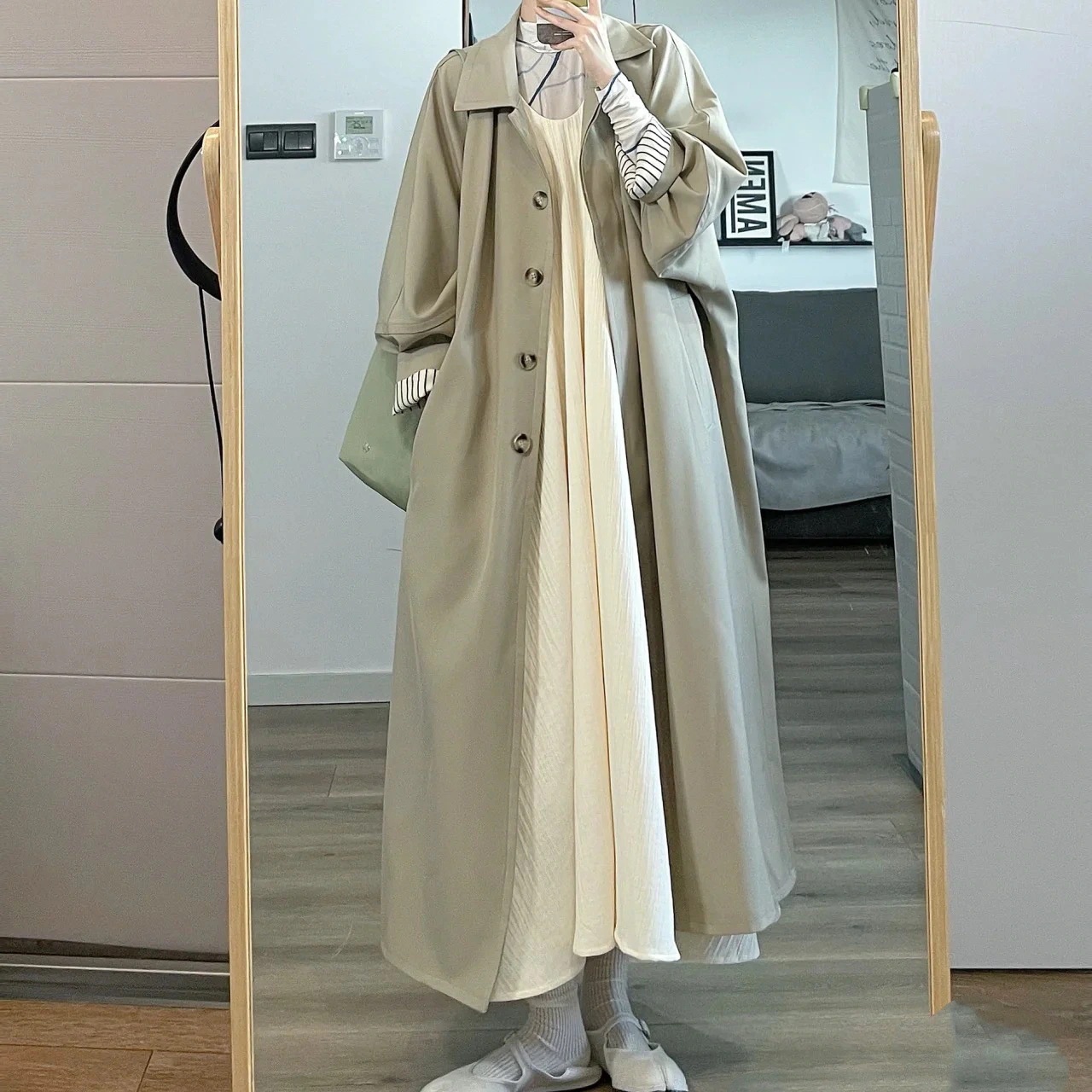 カーキ ウインドブレーカーコート フェミニン通勤スタイル ゆったり膝丈秋継ぎミドル丈カジュアルコート