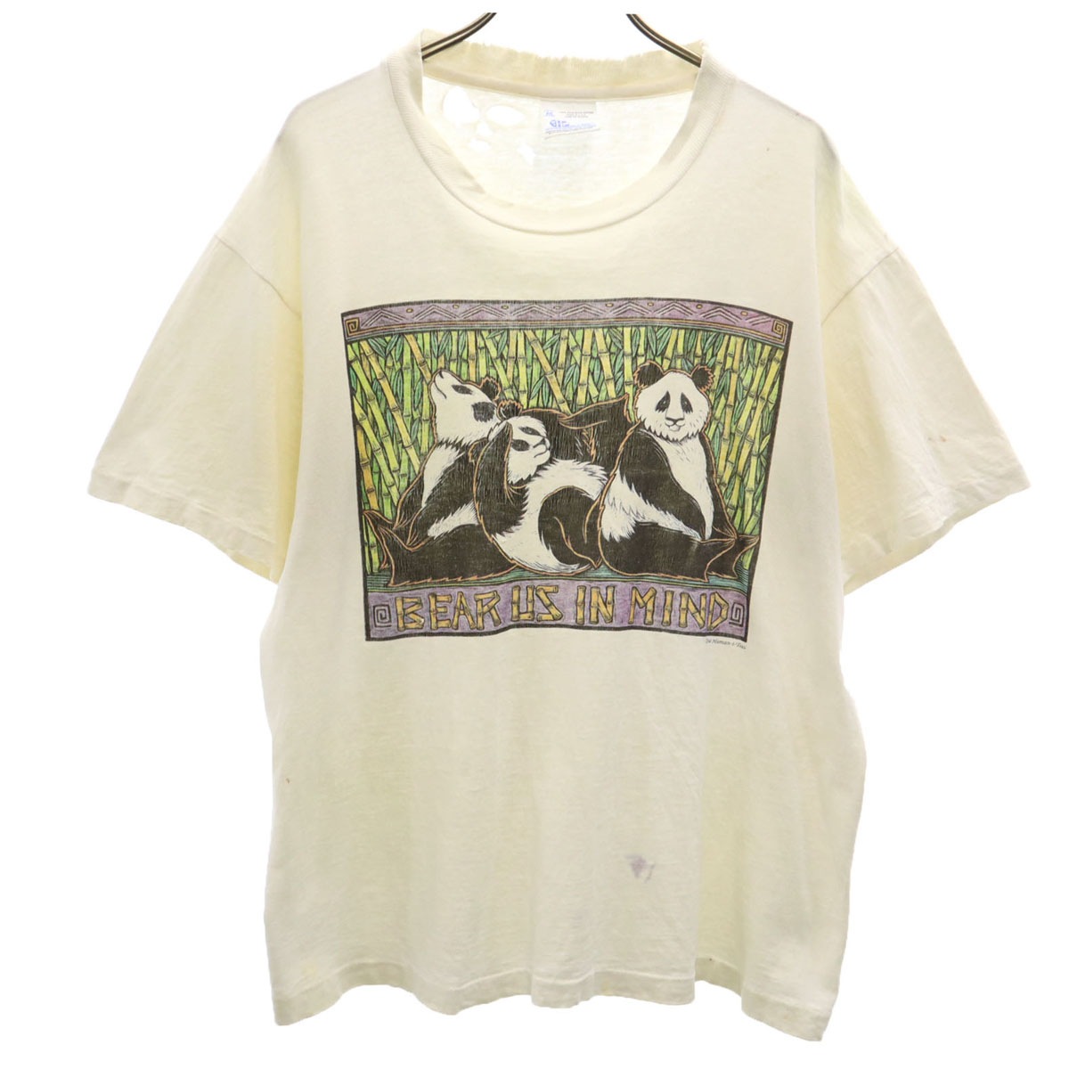 Human-i-Tees 90s USA製 オールド ヒューマンアイ パンダ プリント 半袖 Tシャツ M アイボリー シングルステッチ アニマル柄 メンズ 古着