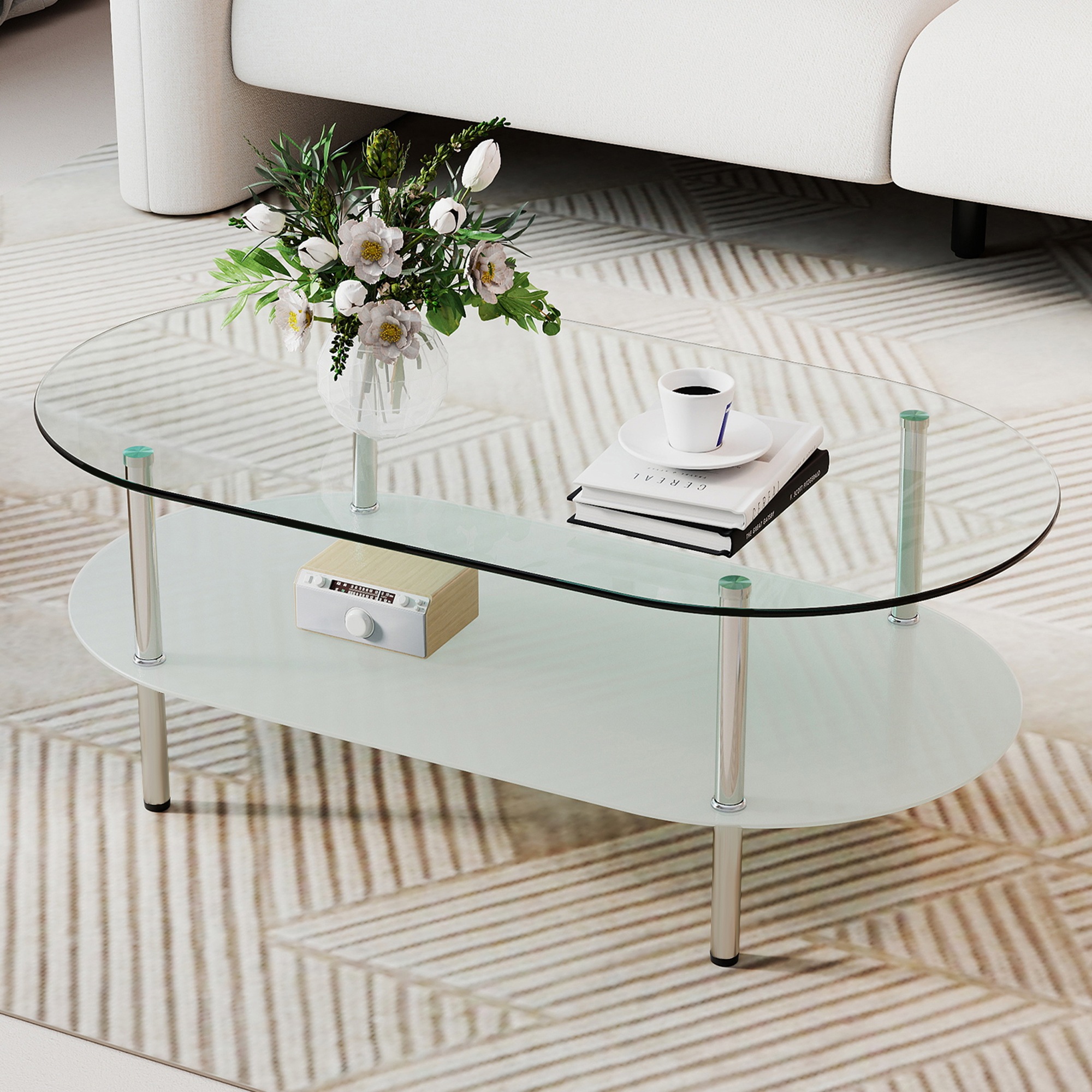 【国内発送】824二段オーバルコーヒーテーブル 強化ガラス天板+型くずれガラス収納棚 ミニマリストデザイン リビング専用 クリア