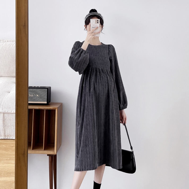 【送料無料】マタニティ ワンピース シャーリング ラウンドネック パフスリーブ ストライプ