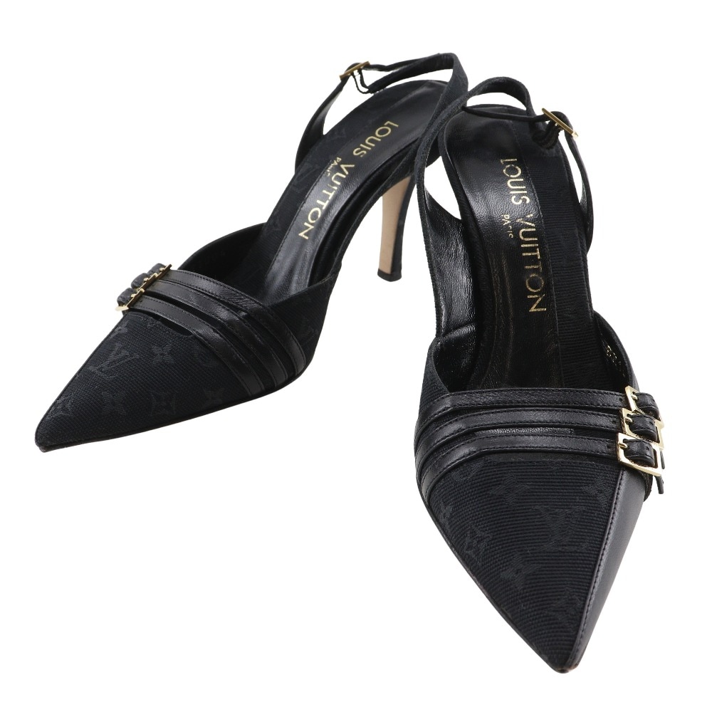 ピンヒール モノグラム ストラップサンダル パンプス キャンバス レザー 黒 レディース 中古品