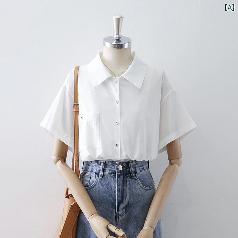 レディース シャツ ブラウス 半袖 五分袖 夏 白 赤糸ボタン シャツ襟 韓国スタイル シングルブレスト ハイエンド シンプル ミニマル エレガント ライトウェア 清涼感 モダン 袖