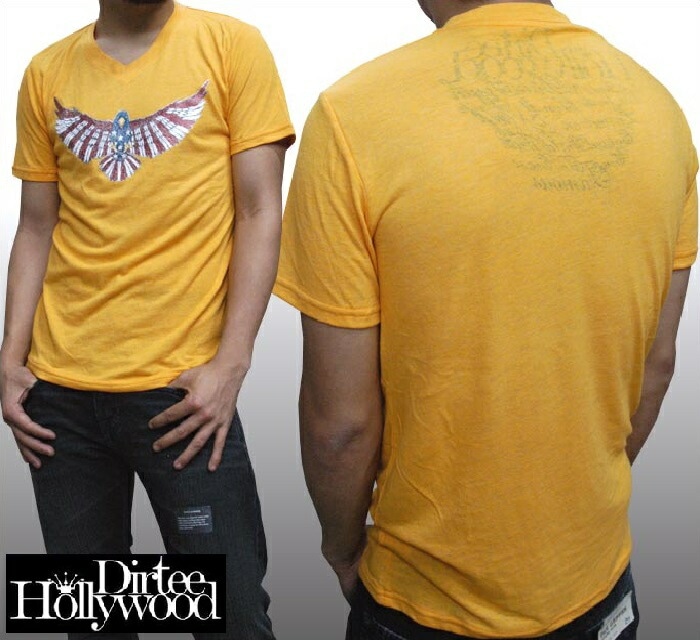 ダーティーハリウッド メンズ Tシャツ Vネック Dirtee Hollywood US FLAG EAGLE イエロー Safari サファリ LEON レオン オーシャンズ 雑誌 掲載 ブランド