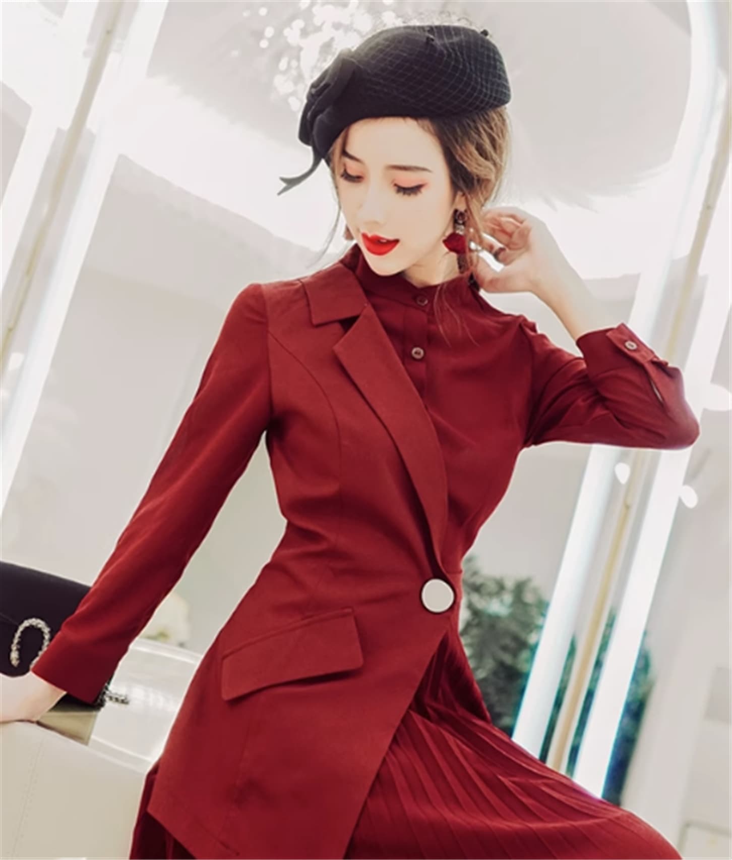 ワンピース タイト プリーツ 透け感 ロング丈 長袖 ラウンドネック スタンドカラー タイト クール 大人可愛い きれいめ 上品 お洒落 大人女子 エレガント 主役級 存在感 春 秋 冬 10代