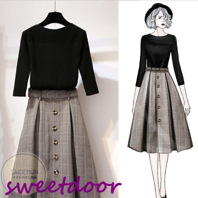 セットアップ レディース 秋冬 40代 30代 カジュアル 七分袖 2点セット ニット 膝丈スカート レース サイズ おしゃれ 上品 着痩せ 通勤 新品 OL