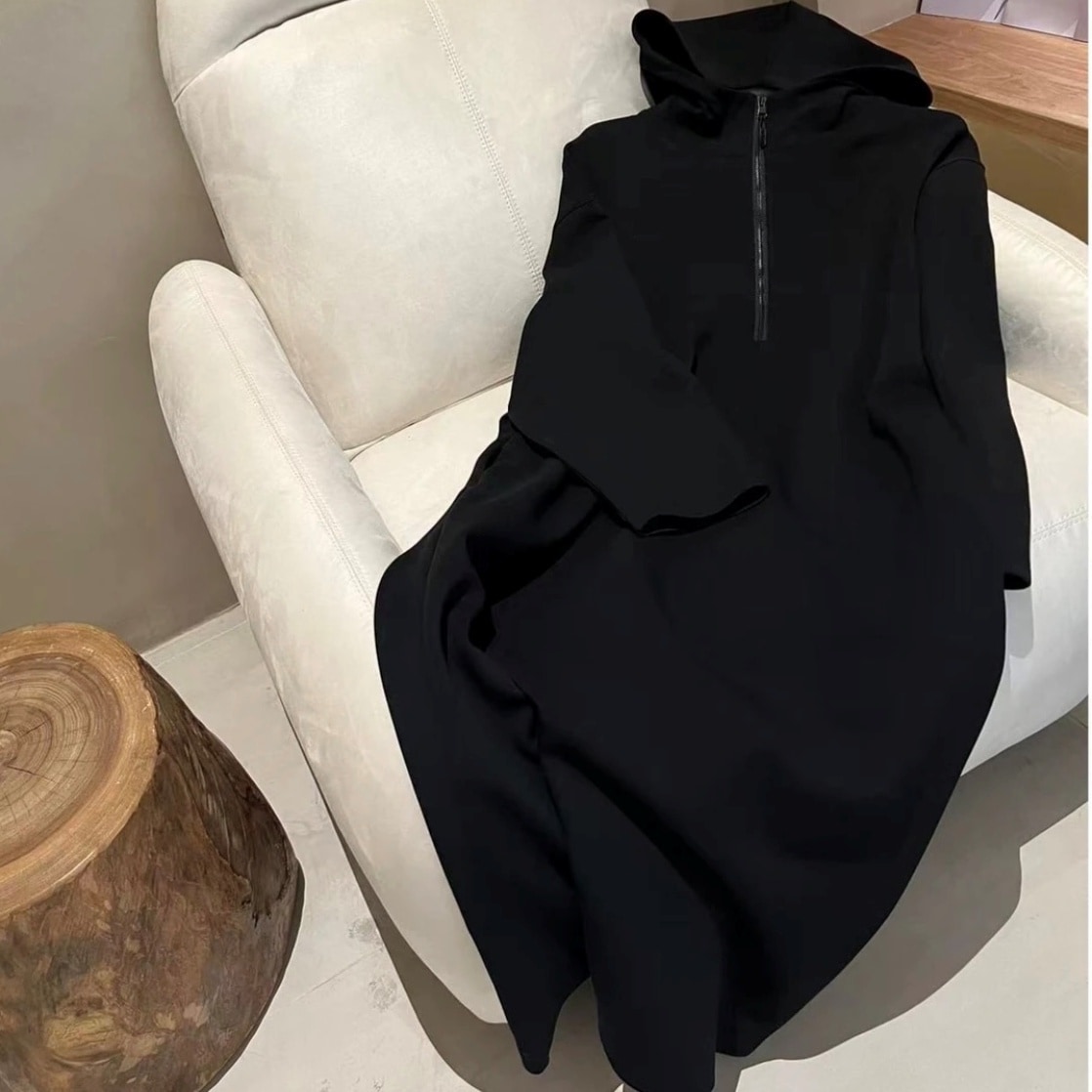 ワンピース ロングワンピース 長袖 フード付き ハーフジップ ロング丈 かわいい 大人可愛い きれいめ シンプル 上品 おしゃれ 大人女子 こなれ感 ラフ ルーズ 個性的 主役級 存在感