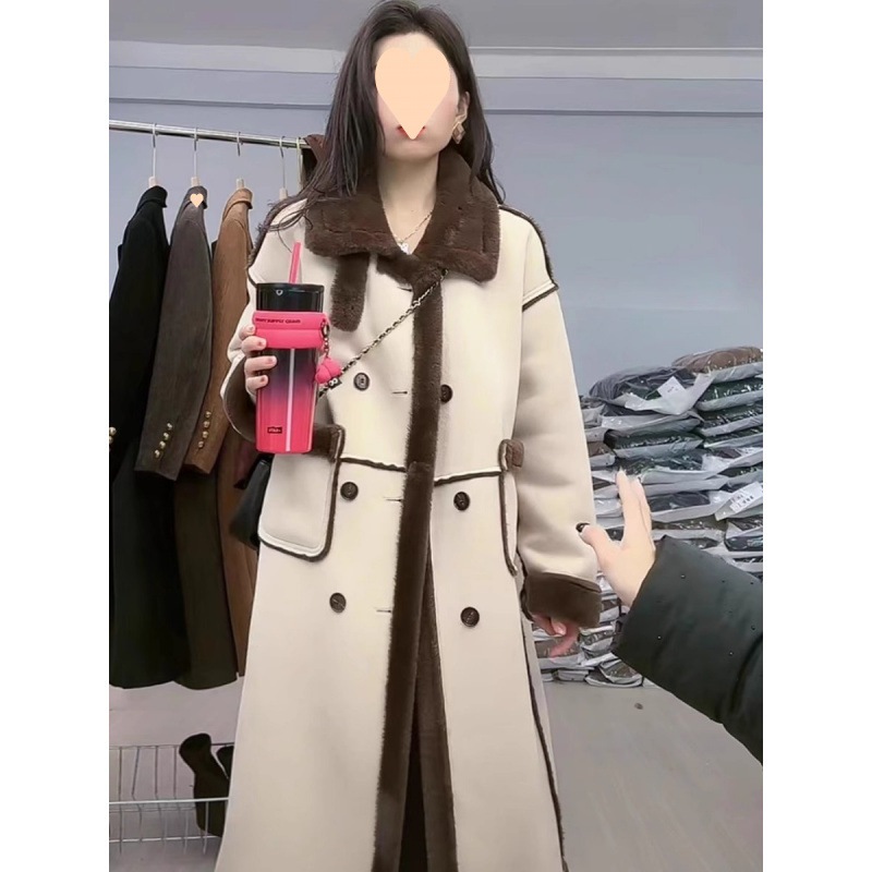 2025冬新作厚みのあるロングスリムラムヘアプラスベルベット厚みのある暖かいオールインワンコートジャケット女性用