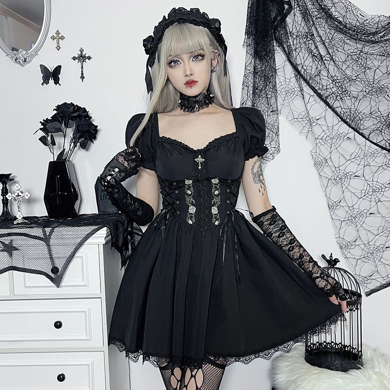ハロウィンローズA字スカートバブリングスリーブスクエアネックワンピースデザイン感ウエストレーススカート メイド服 メガ割 コスプレ ハロウィン サンタ コスプレ クリスマス