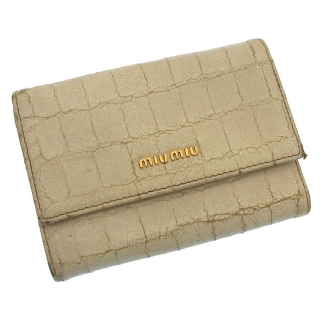 三つ折り財布 /コンパクトサイズ ロゴ /クロコ調型押し ホワイト ゴールド 中古