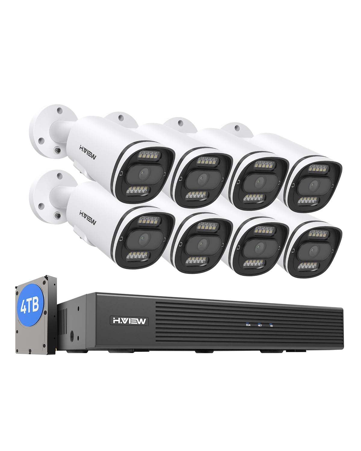 【4K画質・発光威嚇・双方向音声】H.View 800万画素 防犯カメラ 8台セット 有線 屋外 8MP PoE給電式 監視カメラ セット 家庭用 マイク内蔵 スピーカー搭載 投光威嚇 8ch H.2