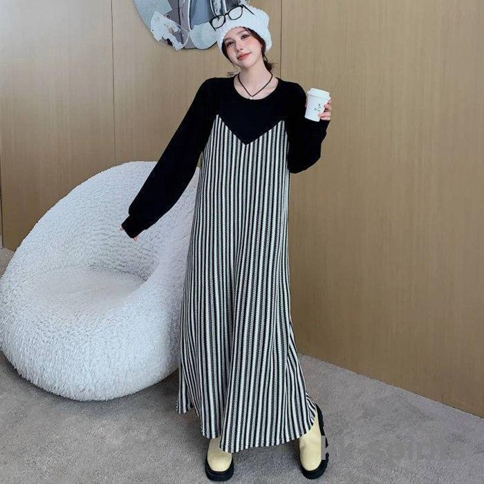 重ね着ワンピースストライプ レディース ロングワンピース ワンピース 秋 冬 春 長袖 ブラック きれいめ