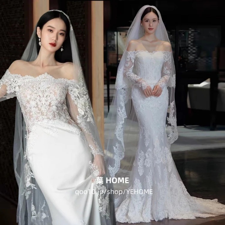 ウエディングドレス レースの長袖 パーティードレス 白 結婚式 ドレス 二次会 花嫁 フォトウエディング ビーチフォト 前撮り 後撮り 披露宴 トレーンドレス Aライン 演奏会 発表会