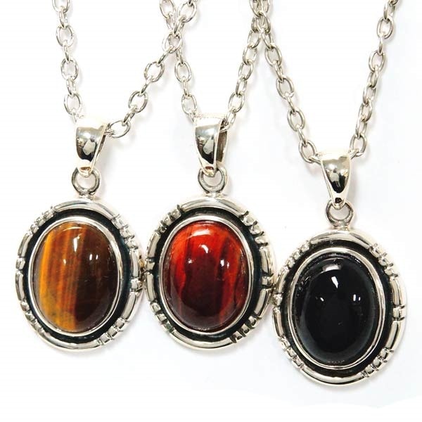 インディアンジュエリー ペンダント ネックレス 天然石 オニキス タイガーアイ レッドタイガーアイ オーバル 立体プレート メンズ レディース シルバー925 黒/茶/赤茶