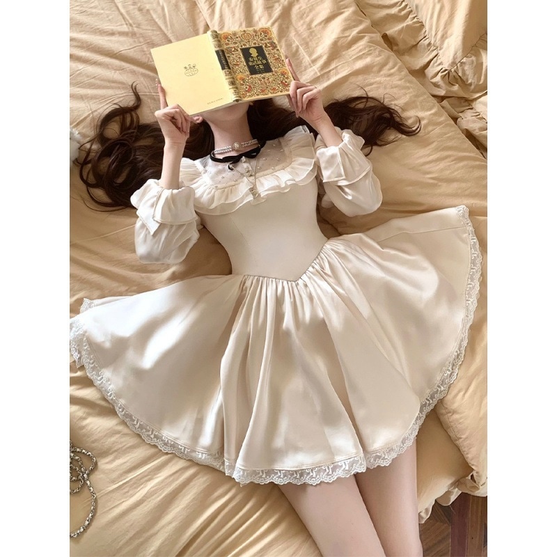 フランスのレトロな長袖ドレス宮廷スタイルスリムなデザインプリンセススカート