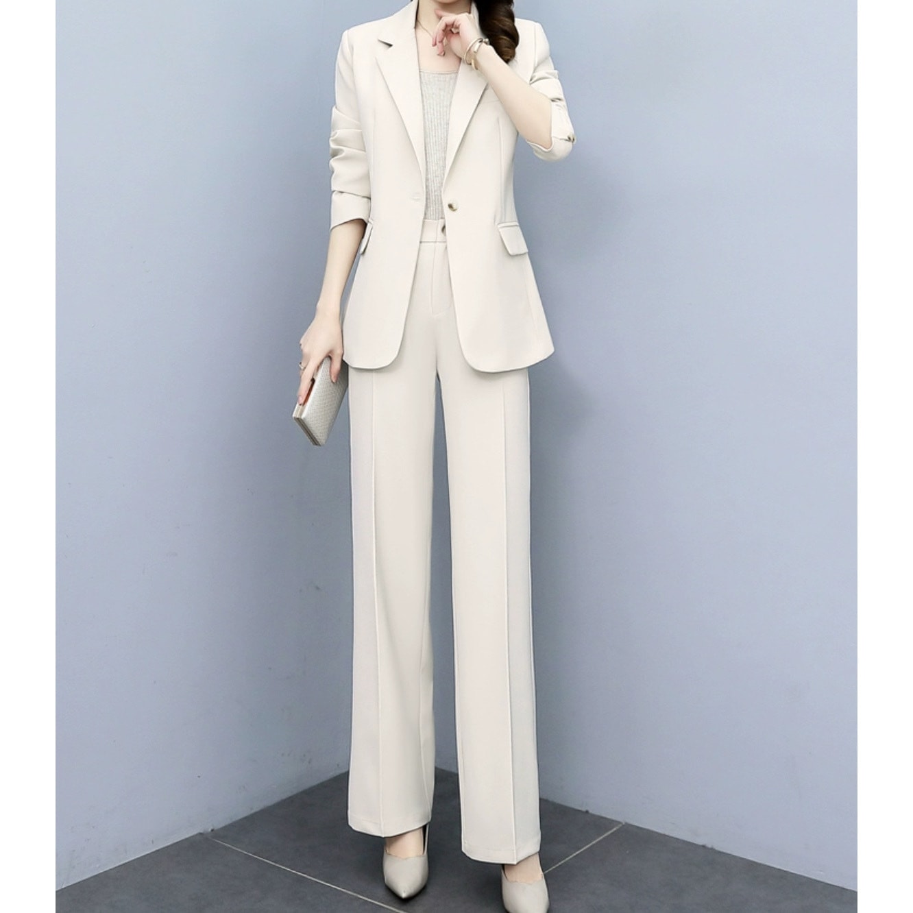 レディース ジャケット パンツ ボトムス スーツ セットアップ ストレートパンツ ロングパンツ スラックス ロング 長袖 襟付き スリム ストレート スマート フェミニン ポケット ハイウエスト